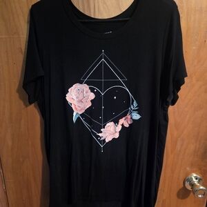 Torrid Black Tee with Geometric Floral Design